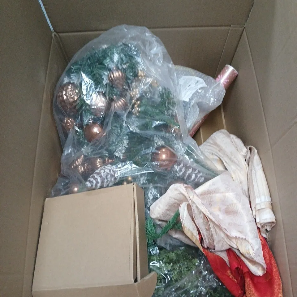 BOX OF APPROXIMATELY 15 ASSORTED HOUSEHOLD ITEMS INCLUDING MEDIUM DOG HARNESS , 45CM CHRISTMAS TREE AND CHRISTMAS WRAPPING PAPER 