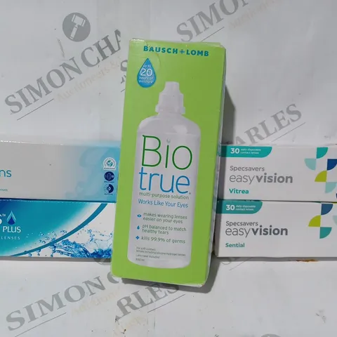 APPROXIMATELY 20 ASSORTED HOUSEHOLD ITEMS TO INCLUDE EASYVISION CONTACT LENSES, BIOTRUE MULTI-PURPOSE SOLUTION, ETC