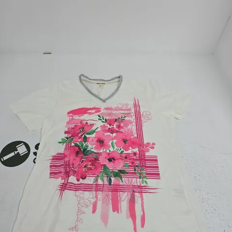 MUDFLOWER UK 12 WOMEN'S WHITE FLORAL PRINT V-NECK T-SHIRT (EU 40, US 8)