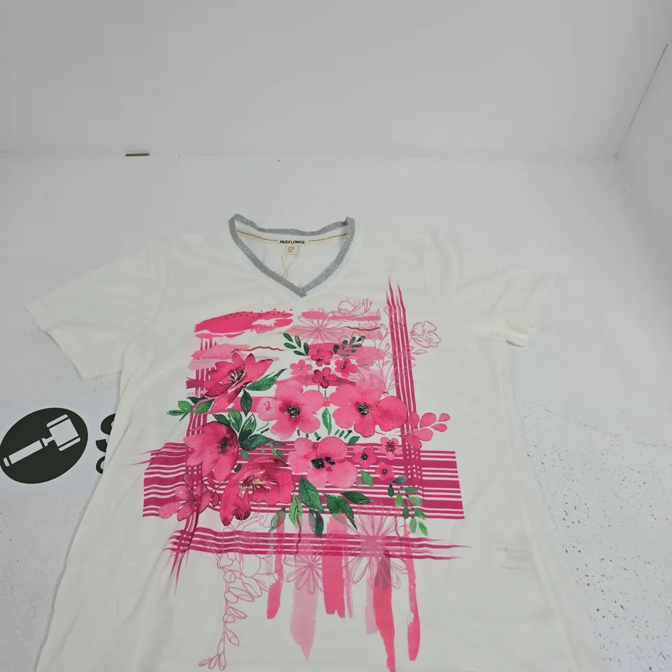 MUDFLOWER UK 12 WOMEN'S WHITE FLORAL PRINT V-NECK T-SHIRT (EU 40, US 8)