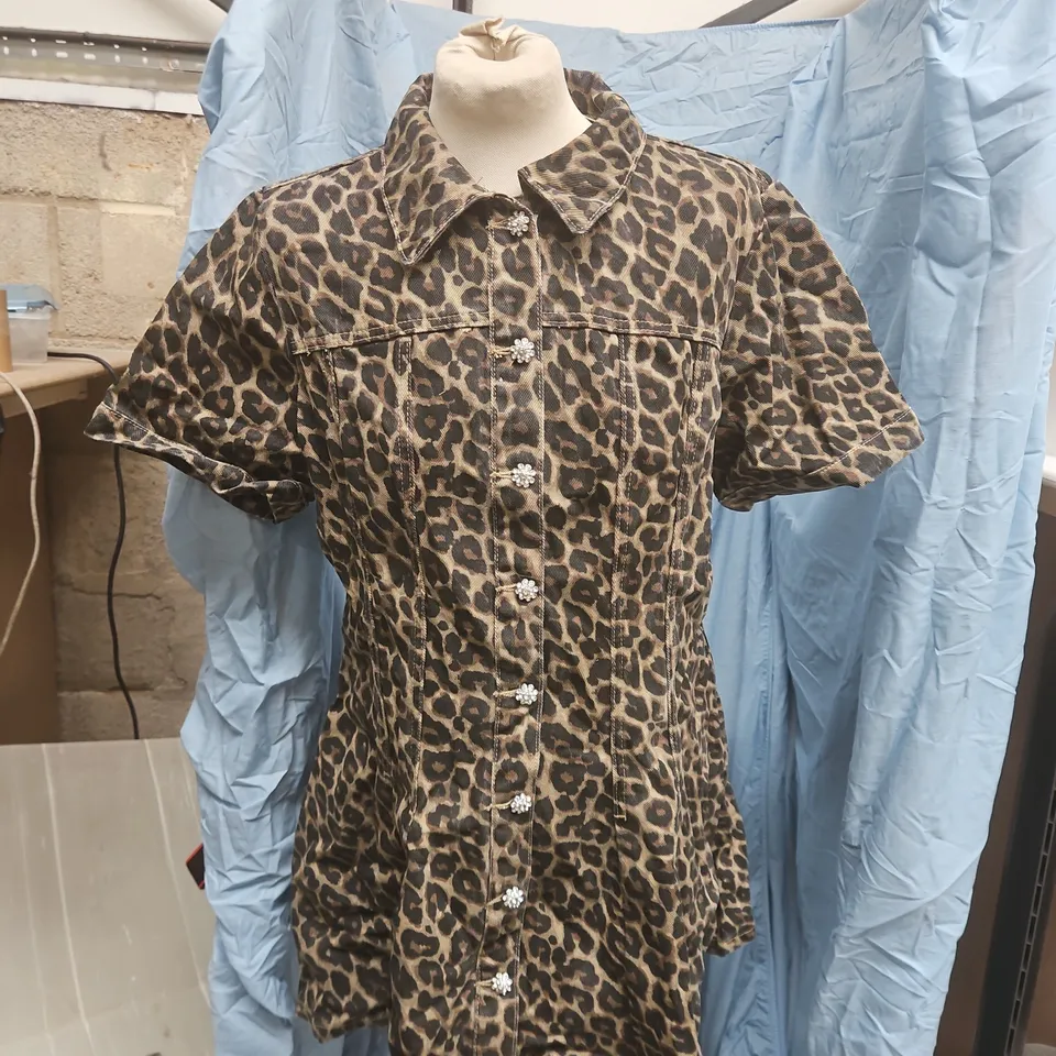RIVER ISLAND LEOPARD PRINT SHIRT DRESS – SHORT SLEEVE, BUTTON FRONT, RELAXED FIT UK 16