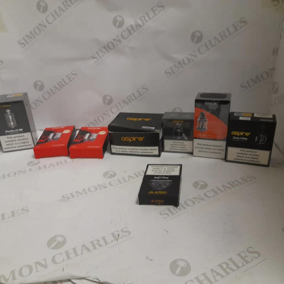 LOT OF APPROXIMATELY 10 E-CIGARETTE RELATED ITEMS TO INCLUDE ADJUSTABLE 218 CHARON, SMOANT BATTLESTAR 200W TC MOD, AND ASPIRE CLEITO ETC. 