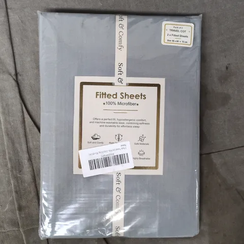 SOFT AND COMFY PACK OF 2 TRAVEL COT FITTED SHEETS IN GREY - 100% MICROFIBRE (95 X 65CM)