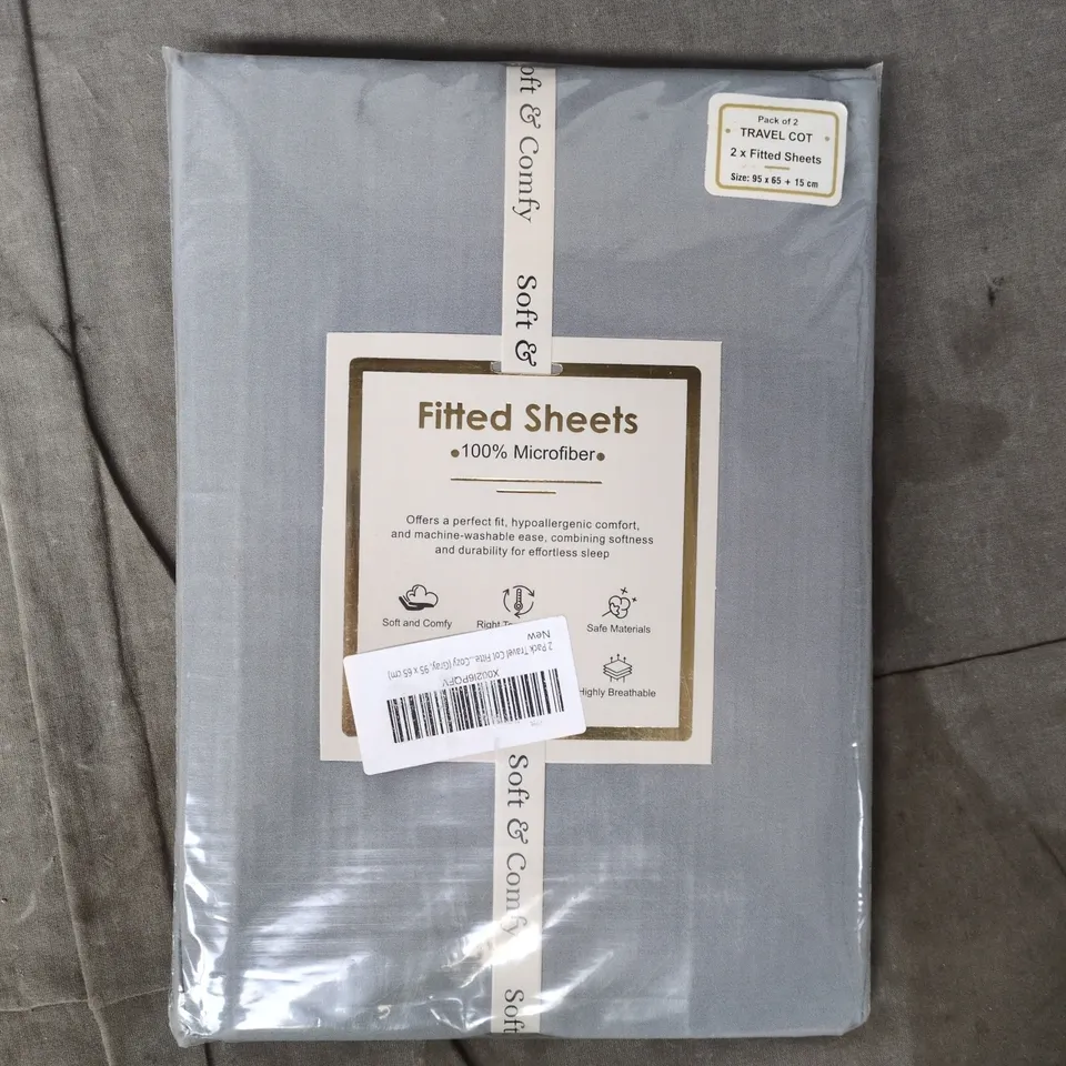 SOFT AND COMFY PACK OF 2 TRAVEL COT FITTED SHEETS IN GREY - 100% MICROFIBRE (95 X 65CM)
