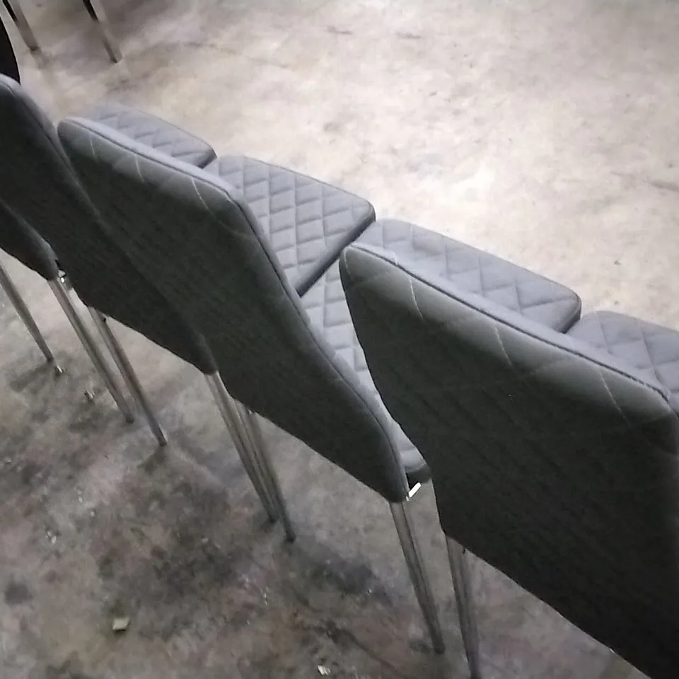 SET OF 4 GREY LEATHER PILLOWED DINING CHAIRS WITH CHROME LEGS 