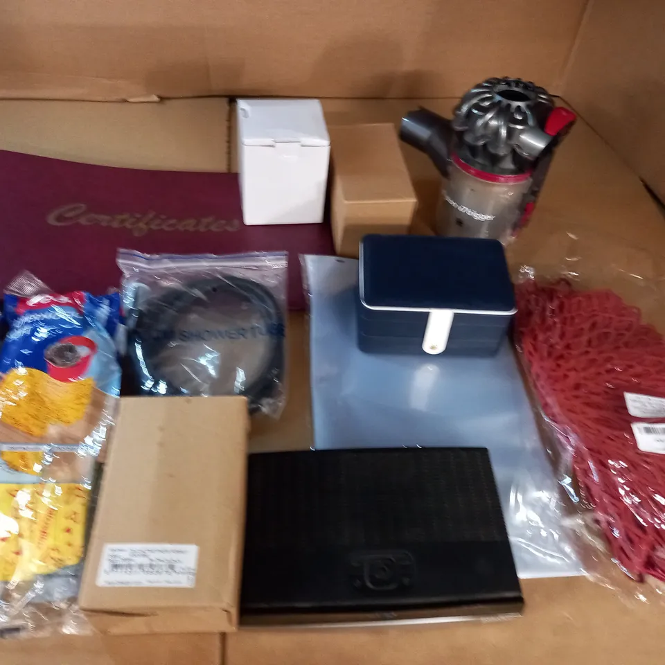 LARGE QUANTITY OF ASSORTED HOUSEHOLD ITEMS TO INCLUDE CERTIFICATE BOOK, DYSON PARTS AND SHOWER TUBE