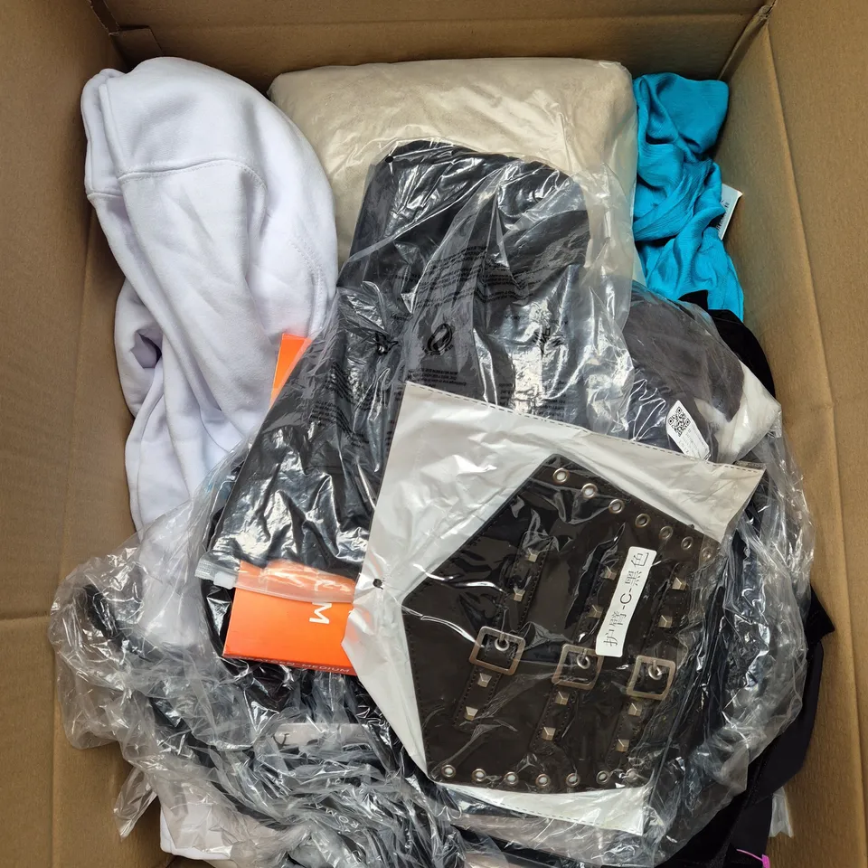 LARGE BOX OF ASSORTED CLOTHING ITEMS IN VARIOUS SIZES, STYLES AND COLOUR 