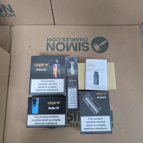 BOX OF APPROXIMATELY 30 ASSORTED E-CIGARETTES AND ACCOMPANIMENTS TO INCLUDE: VARIOUS ASPIRE PRODUCTS 