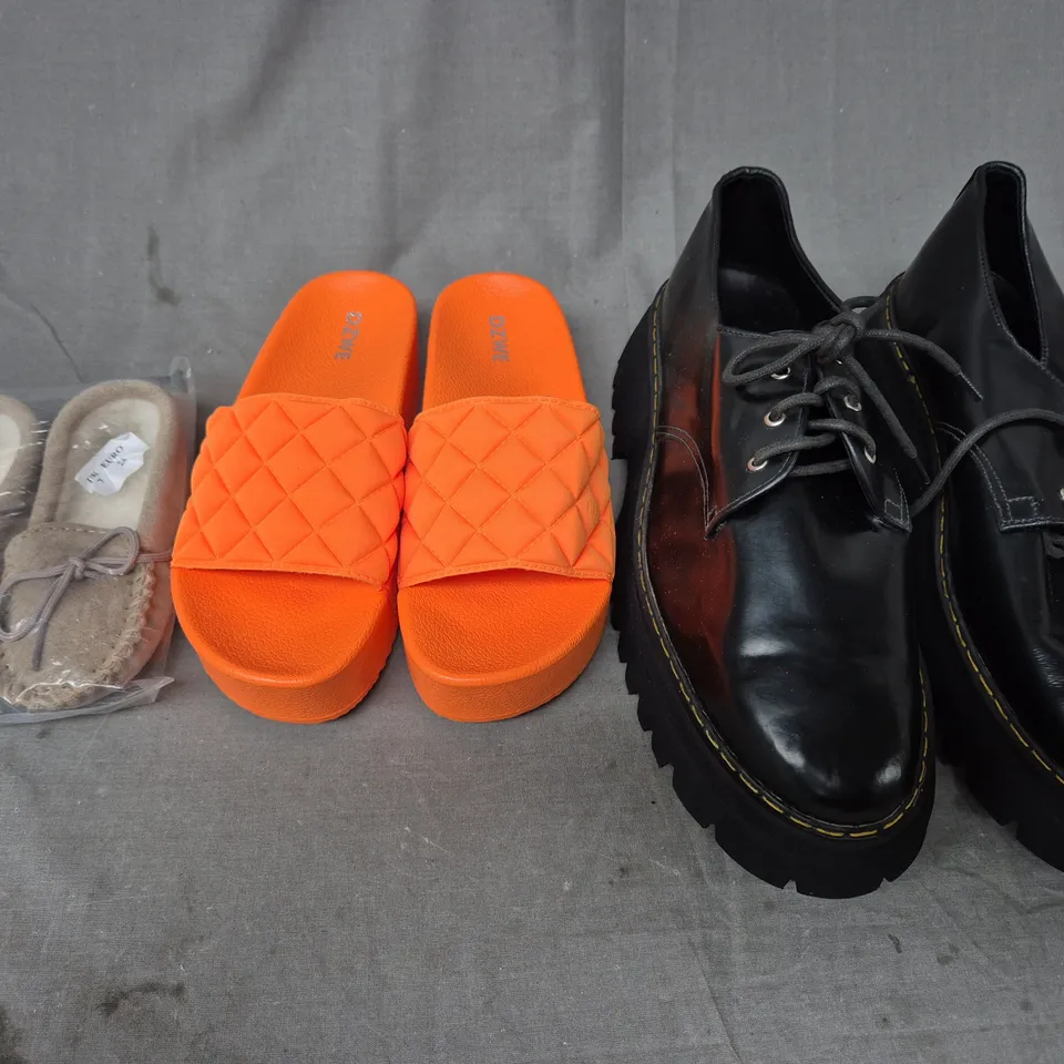 BOX OF APPROXIMATELY 15 ASSORTED PAIRS OF SHOES AND FOOTWEAR ITEMS IN VARIOUS COLOURS, STYLES, AND SIZES - COLLECTION ONLY