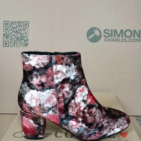 BOXED PAIR OF SHOE COLATE FLORAL ANKLE BOOTS - SIZE 41