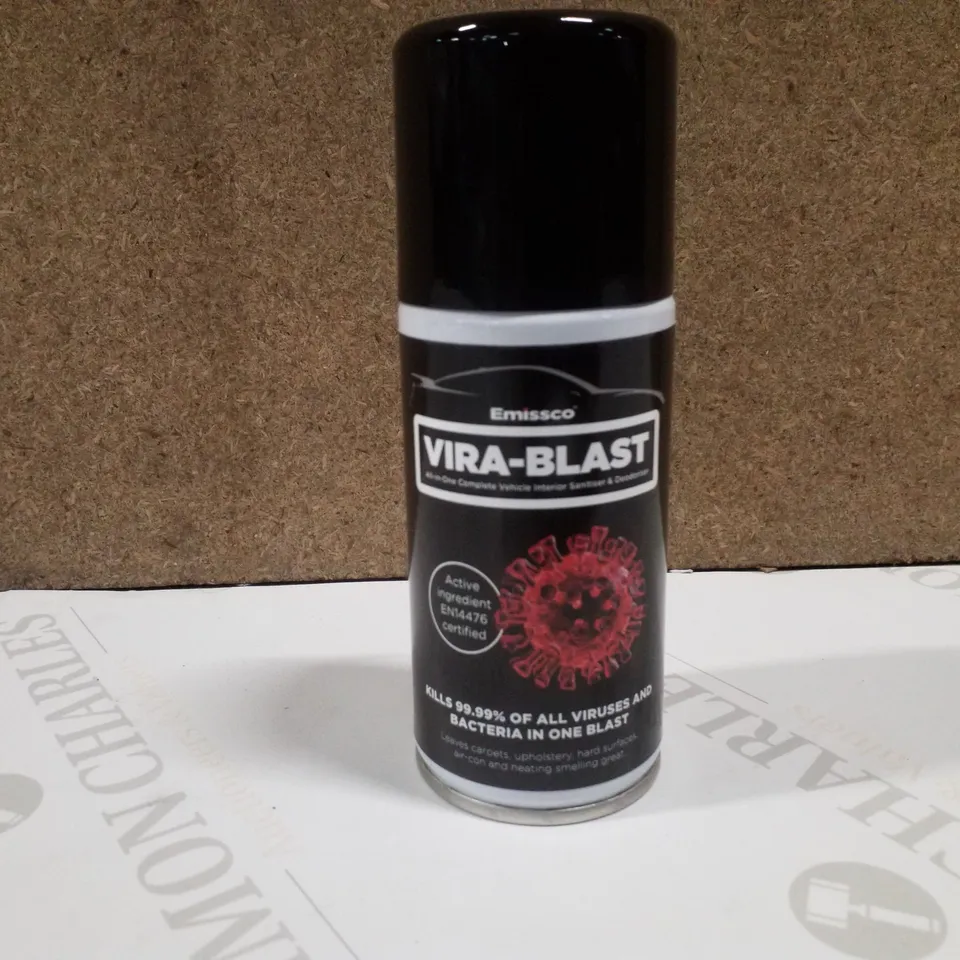 BOX CONTAINING 12 EMISSCO VIRA-BLAST ALL-IN-ONE COMPLETE VEHICLE INTERIOR SANITISER & DEODORISER 150ML