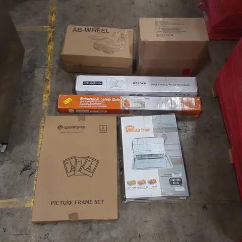 PALLET OF ASSORTED ITEMS INCLUDING: OVEN AIR FRYER BASKET, RETRACTABLE SAFETY GATE, WOOD PRINT RACK, LIGHT FIXTURE, AB-WHEEL, PICTURE FRAME SET ECT