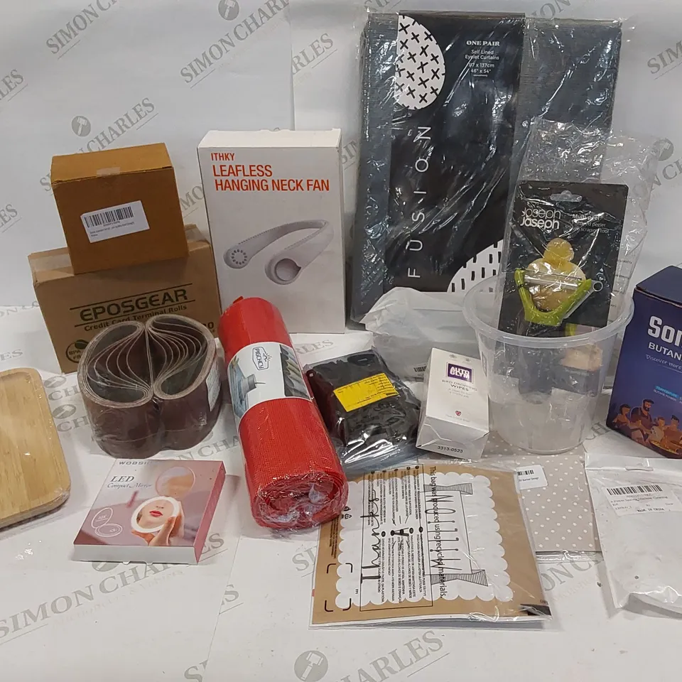 17 BRAND NEW ITEMS TO INCLUDE: LEAFLESS NECK FAN, SONDIKO BUTANE TORCH,EYELET CURTAINS, JOSEPH JOSEPH MULTIPEEL