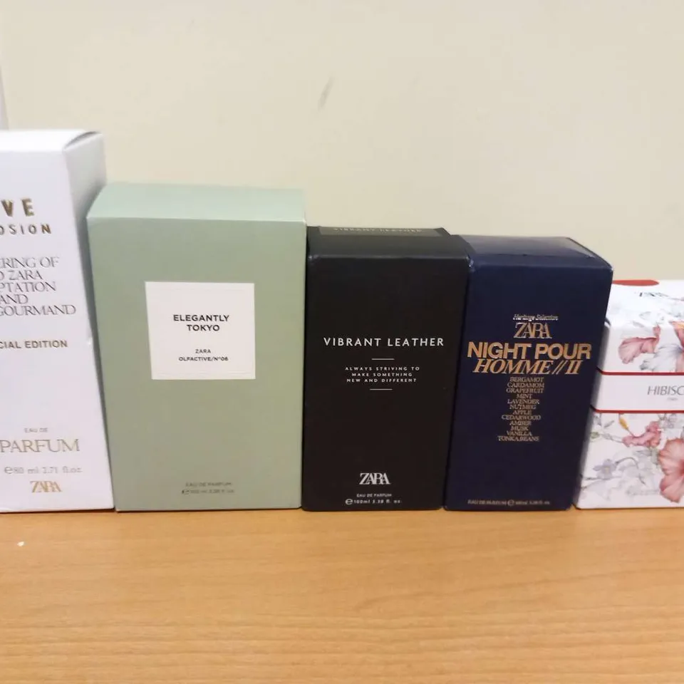 FIVE ASSORTED BOXED ZARA FRAGRANCES TO INCLUDE; LOVE EXPLOSION, ELEGANTLY TOKYO AND VIBRANT LEATHER