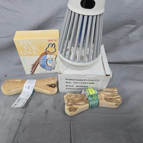 BOX OF ASSORTED ITEMS TO INCLUDE - DOG CHEWS - FLY ZAPPER - PIN FOR LOVE 