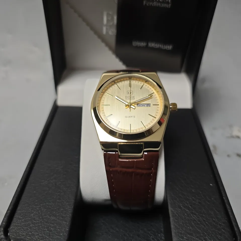 ERNEST FERDINAND WATCH – DAY DATE CALENDAR DIAL – LEATHER STRAP – 3ATM WATER RESISTANT - GIFT BOX