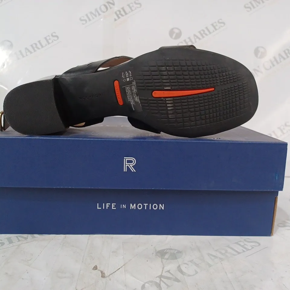 BOXED PAIR OF ROCKPORT ALAINA HEELED SANDALS IN BLACK UK SIZE 7