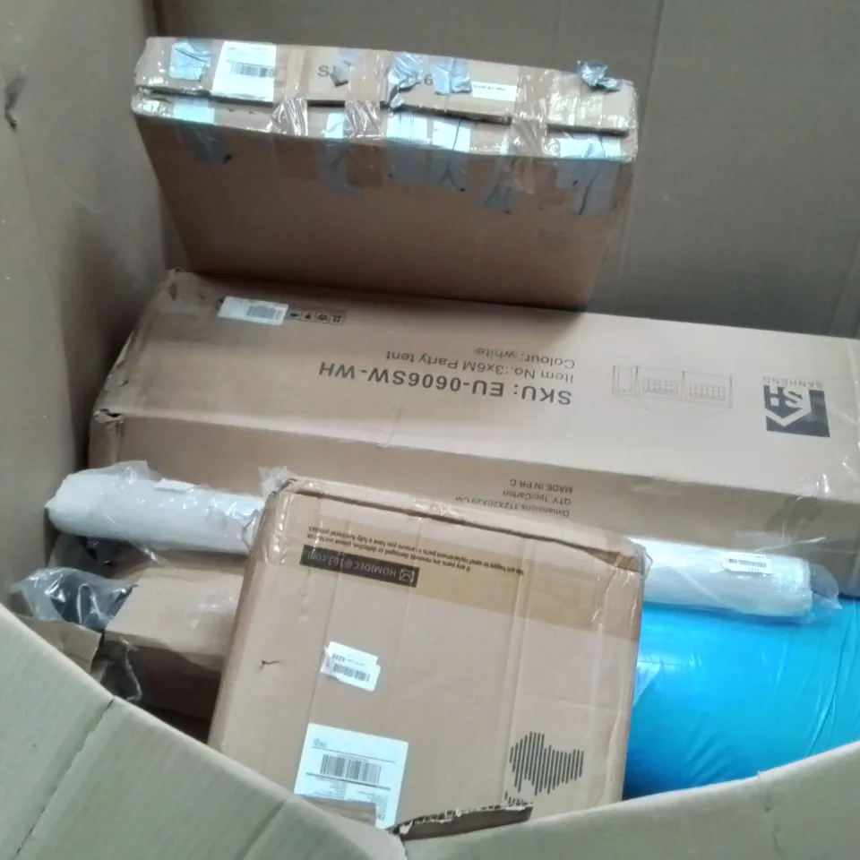 PALLET CONTAINING ASSORTED PRODUCTS INCLUDING: USPARK SUPER KING AND DOUBLE MATTRESS, DEHUMIDIFIER, SUPERMARKET TOY, 3 x 6m PARTY TENT GAMING CHAIR PARTS ECT