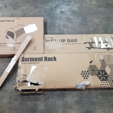PALLET OF ASSORTED PRODUCTS INCLUDING GARMENT RACK, PULL UP BAR, PORTABLE PET CRATE, FENCE REPAIR KIT, OFFICE CHAIR