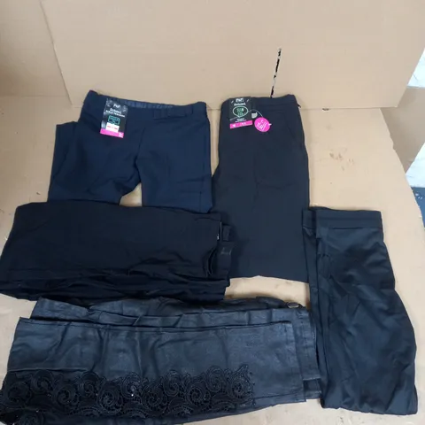 BOX OF APPROX 25 ASSORTED SCHOOL CLOTHING ITEMS IN VARIOUS SIZES TO INCLUDE - F&F GIRLS SCHOOL TROUSERS 3-4 YEARS , F&F SLIM LEG 9-10 YEARS , F&F BLACK LEGGINGS BASE LAYER 9-10 YEARS ETC