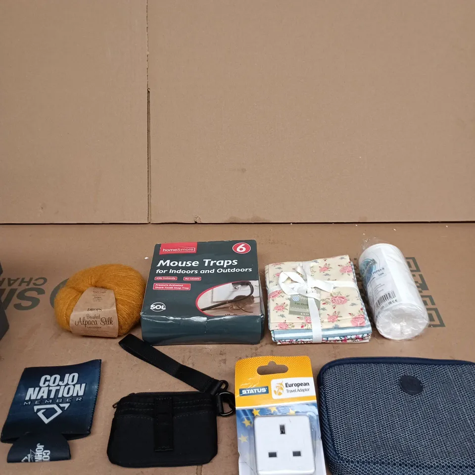 TOTE OF APPROXIMATELY 10 ASSORTED ITEMS INCLUDING AQUA FILTER SEDIMENT REMOVER, HOME&MORE MOUSE TRAPS AND DROPS BRUSHED ALPACA SILK