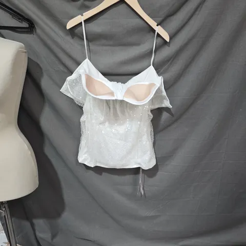 MISSGUIDED WHITE SEQUIN OVERLAY TOP – SIZE M
