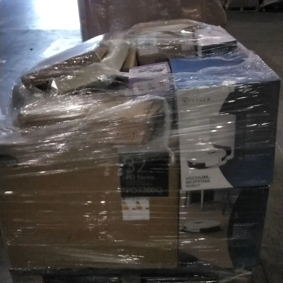 PALLET OF UNPROCESSED ITEMS TO INCLUDE 32" DESIGNER MONITOR, ECOVACS VACUUM MOPPING ROBOT, AND LARGE FOLDABLE FIRE PIT