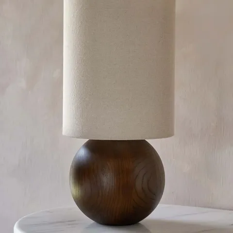 BOXED DANETTI ORLAN NATURAL LINEN AND DARK WOOD TABLE LAMP