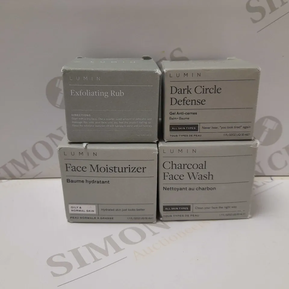 LOT OF 4 ASSORTED LUMIN PRODUCTS TO INCLUDE EXFOLIATING RUB, DARK CIRCLE DEFENSE, FACE MOISTURIZER, ETC 