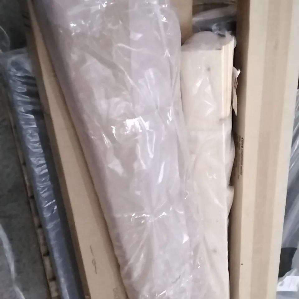 PALLET OF ASSORTED FURNITURE PARTS INCLUDING FABIO VELVET CHARCOAL DOUBLE BED PARTS, CHESTER BED PARTS, GREENWICH WIDE TV UNIT BOXED