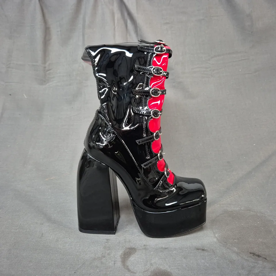 BOXED PAIR OF KOI RITUAL STATE PATENT LONG BOOTS IN BLACK/RED UK SIZE 3