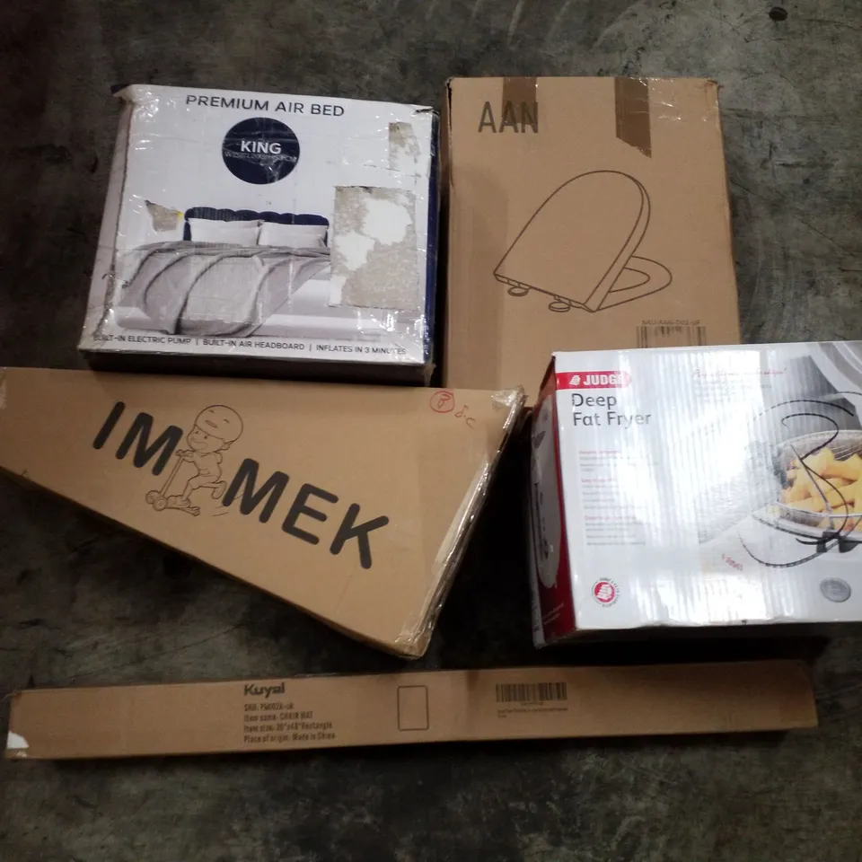 PALLET OF ASSORTED PRODUCTS INCLUDING TOILET SEAT, PREMIUM KING AIR BED, KIDS SCOOTER, CHAIR MAT, DEEP FAT FRYER