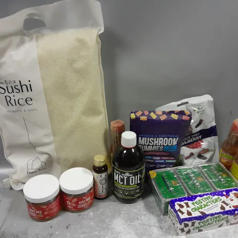 APPROXIMATELY 12 ASSORTED FOOD & DRINK ITEMS TO INCLUDE SUSHI RICE, JUST BEE IMMUNITY HONEY, MUSHROOM GUMMIES, ETC