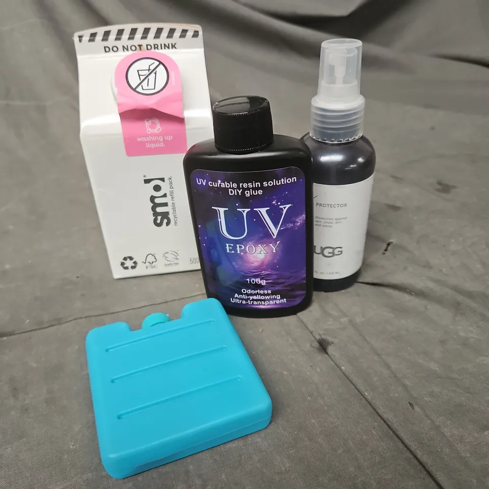 APPROXIMATELY 15 ASSORTED HOUSEHOLD ITEMS TO INCLUDE WASHING UP LIQUID, UV EPOXY, ICE PACKS ETC 