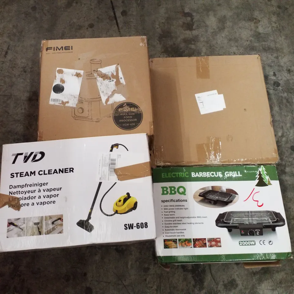 PALLET OF ASSORTED PRODUCTS INCLUDING STEAM CLEANER, BBQ GRILL, FOOD PROCESSOR, SIDE TABLE