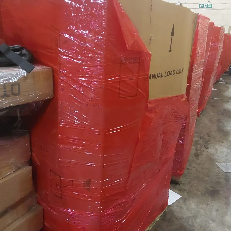 PALLET OF ASSORTED HOUSEHOLD GOODS AND PRODUCTS TO INCLUDE: FIRE PIT LID, ELECTRIC FRYER, HELMET, GARDEN TOOLS, RUG ECT