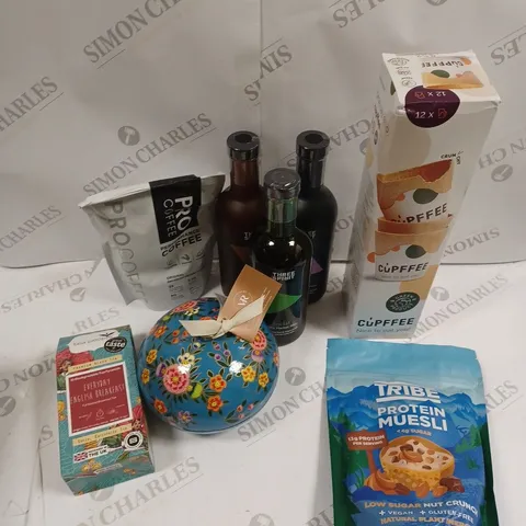 APPROXIMATELY 10 ASSORTED FOOD PRODUCTS TO INCLUDE PROTEIN MUESLI, THREE SPIRIT DRINKS, CUPFFEE CUP ETC