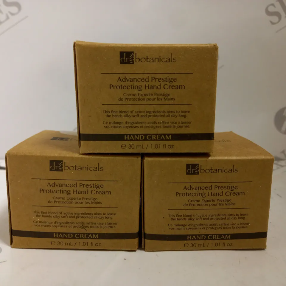 BOX OF APPROX 12 X 30ML DR BOTANICALS ADVANCED PRESTIGE PROTECTING HAND CREAM