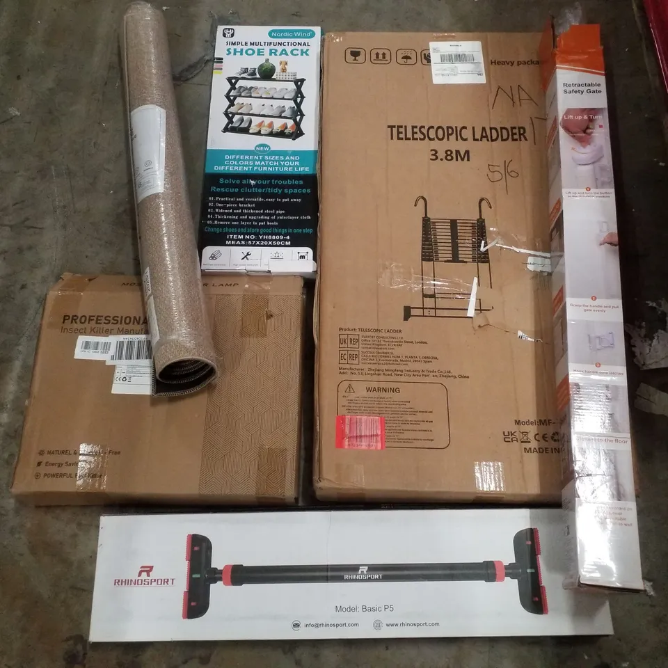 PALLET CONTAINING ASSORTED PRODUCTS INCLUDING RETRACTABLE SAFETY GATE, TELESCOPIC LADDER 3.8M, SHOE RACK, ENTRANCE RUG, INSECT KILLER & PULL UP BAR 