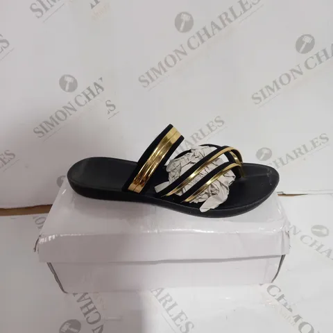 BOXED PAIR OF BLACK/GOLD SANDALS SIZE 42