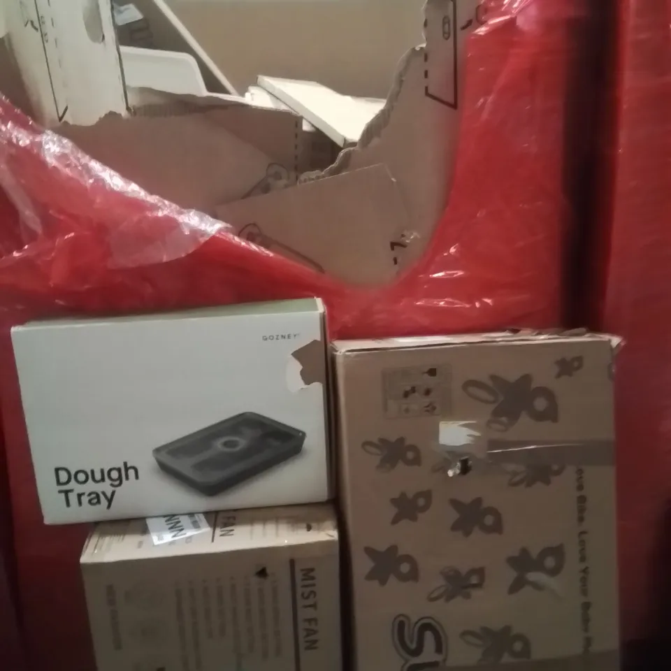 PALLET OF ASSORTED HOUSEHOLD GOODS AND PRODUCTS TO INCLUDE;MIST FAN,DOUGH TRAY,BIKE