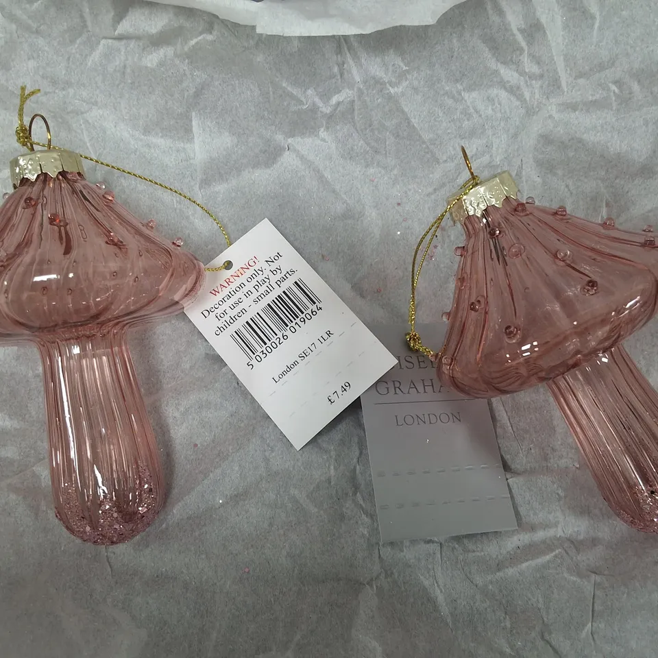 SET OF 6 GISELA GRAHAM CLEAR PINK MUSHROOM THEMED HANGING TREE DECORATIONS 