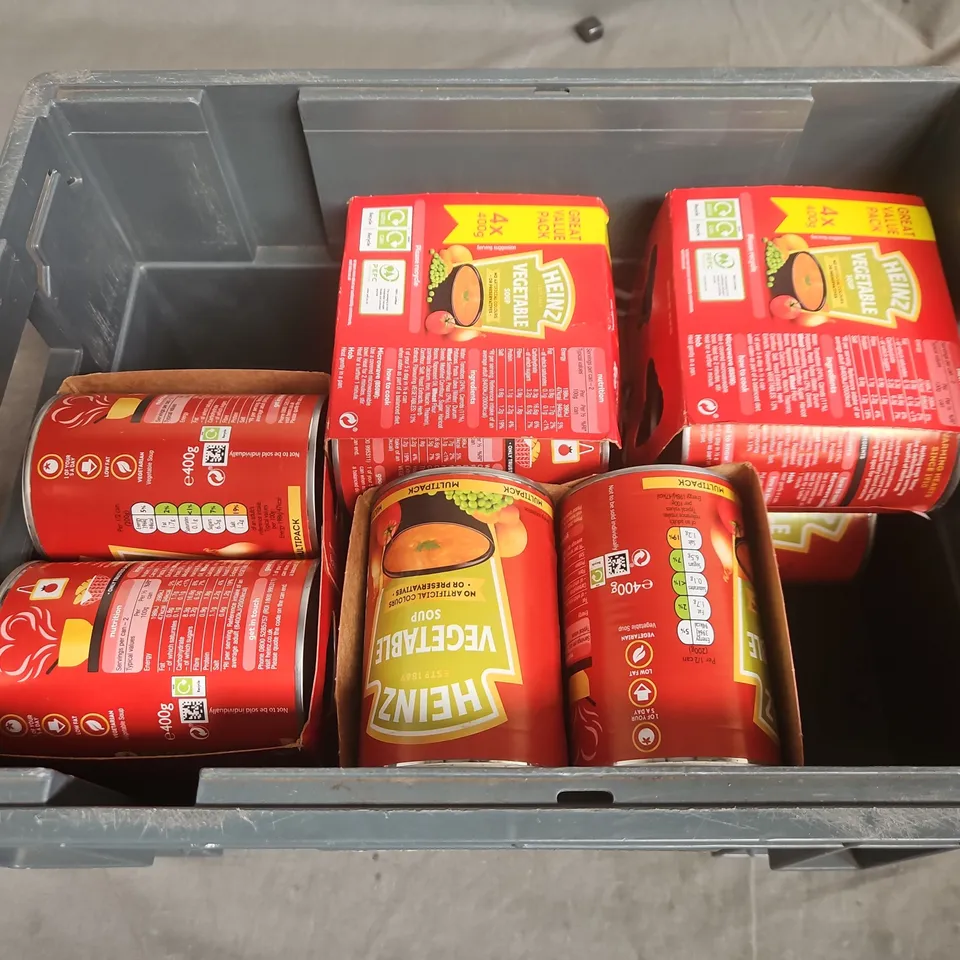 TOTE OF APPROXIMATELY 11 ASSORTED FOOD AND DRINK ITEMS TO INCLUDE HEINZ VEGETABLE SOUP 