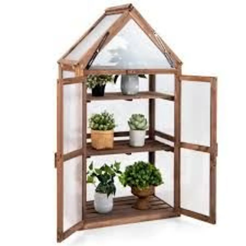 BOXED COSTWAY 3-TIER GARDEN COLD FRAME, PORTABLE WOODEN MINI GREENHOUSE STORAGE SHELVES - BROWN