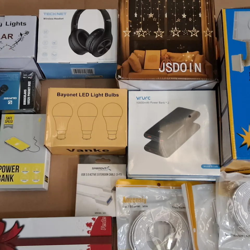 LARGE QUANTITY OF ASSORTED ITEMS TO INCLUDE VRURC POWERBANKS, WIRELESS HEADPHONES AND ETHERNET CABLES