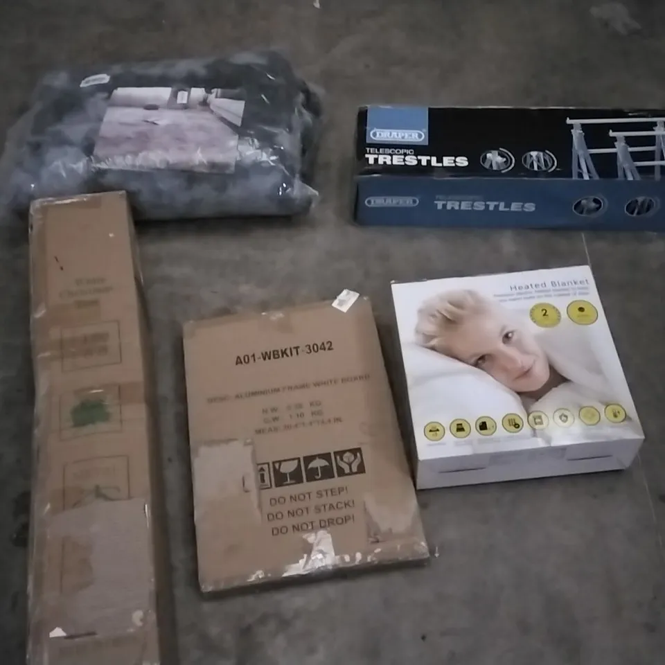 PALLET OF ASSORTED ITEMS INCLUDING RUG, TELESCOPIC TRESTLES, WHITE CHRISTMAS TREE, ALUMINIUM FRAME WHITEBOARD AND HEATED BLANKET 