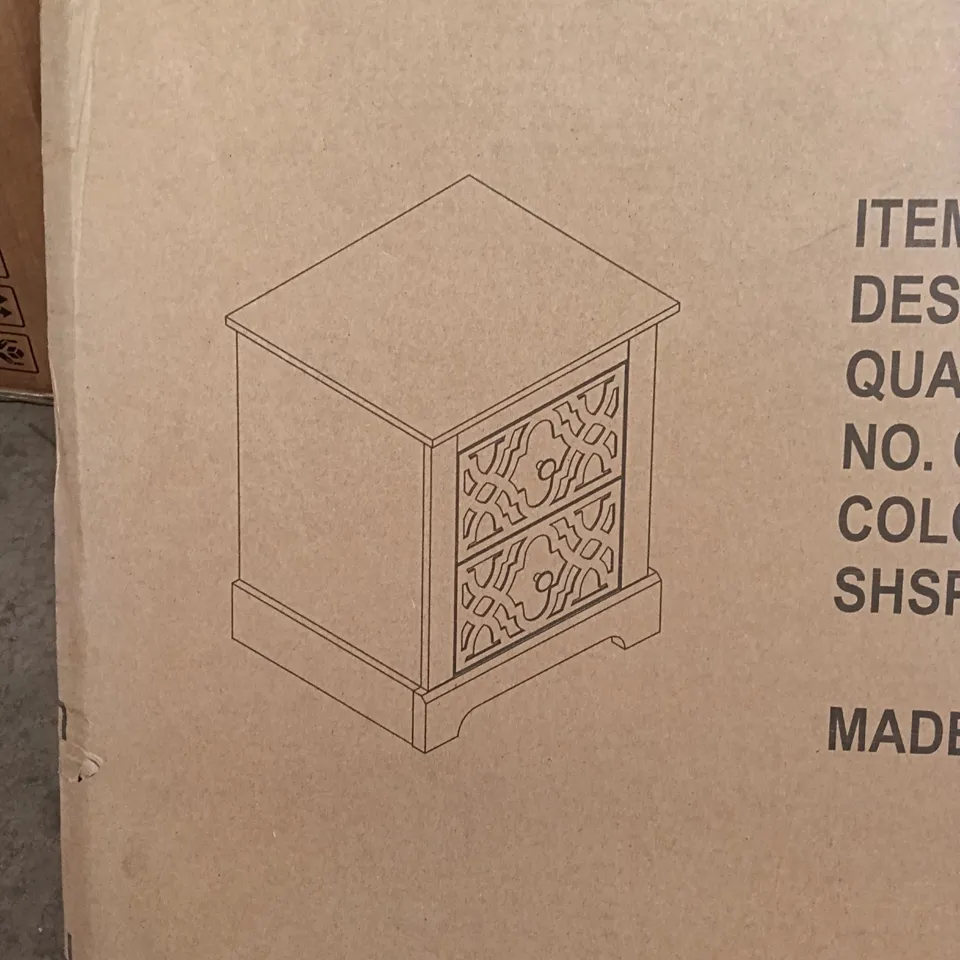 BOXED 2 DRAWER BEDSIDE TABLE - NEW WHITE/KNOTTY OAK (1 BOX)