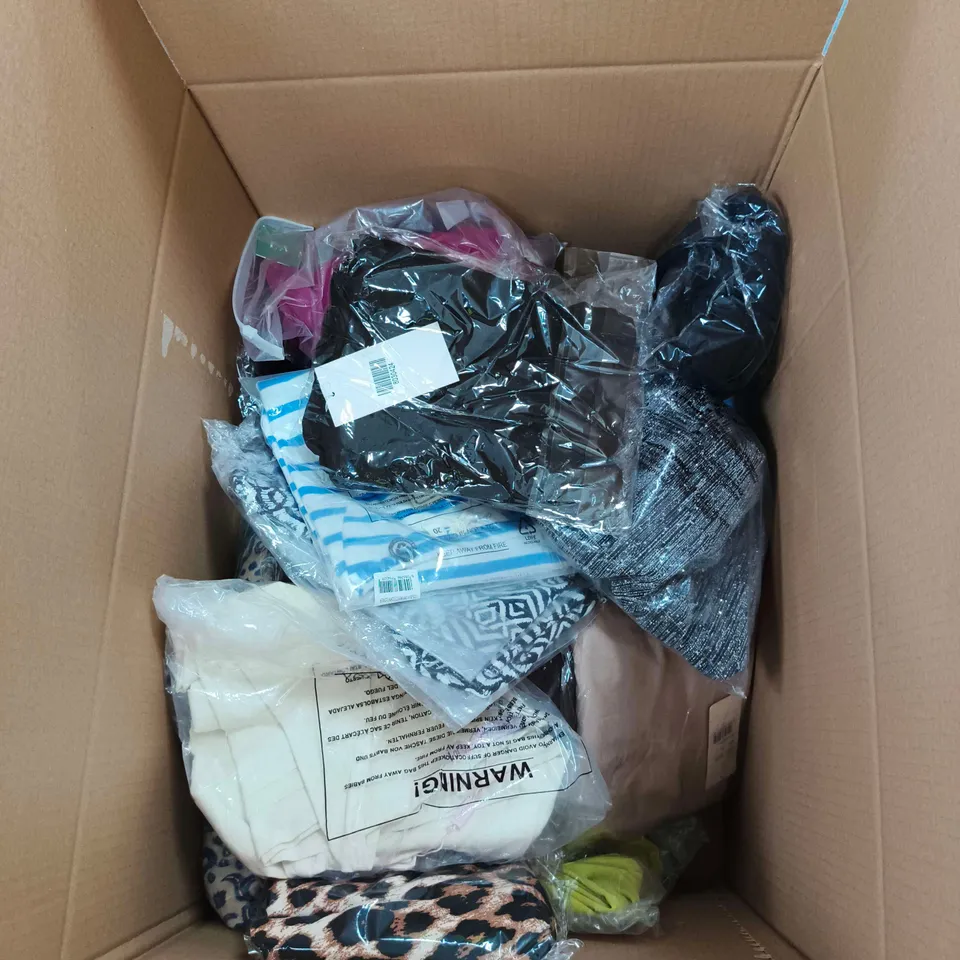 BOX OF APPROXIMATELY 25 ASSORTED CLOTHING ITEMS OF VARIOUS SIZES AND STYLES