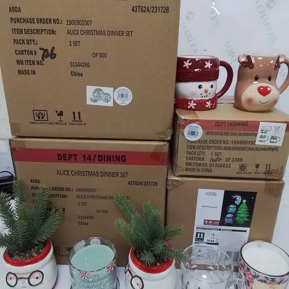 LOT OF APPROXIMATELY 14 ASSORTED AS NEW SEASONAL THEMED HOMEWARE ITEMS TO INCLUDE ALICE DINNER SETS, SHAPED MUGS AND INFLATABLE PENGUIN