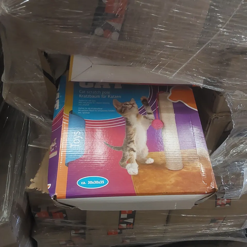 PALLET TO CONTAINING A VERY LARGE QUANTITY OF ASSORTED ITEMS INCLUDING: CAT TREES, LEATHER PUNCHERS, MULTI PURPOSE TRAYS, KANGAROO BALLS, DRY FOOD CONTAINERS ECT